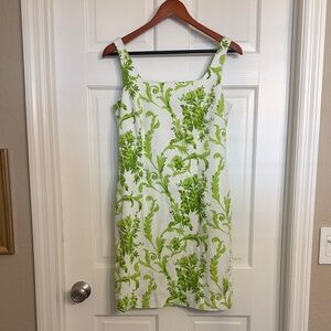 Sara Campbell White Dress with Green Floral Toile Pattern